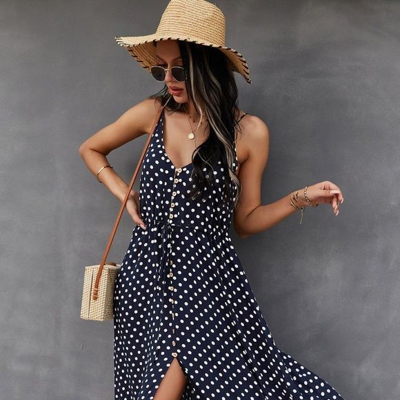 New Button Through Drawstring Waist Polka Dot Cami Dress Navy blue 226 - Picture 2 of 6